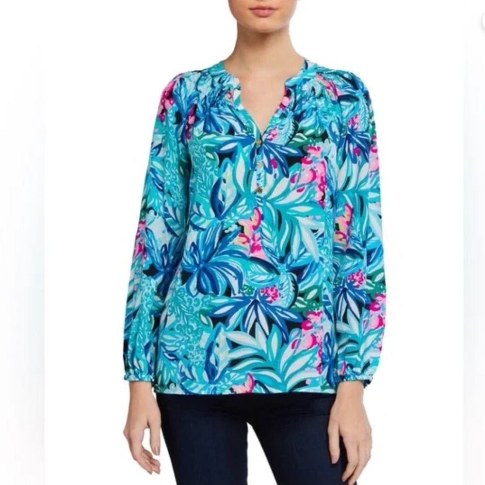 Lilly Pulitzer silk Elsa blouse Maldives Green Hype it Up print Size Large